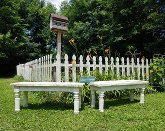 French Country Chic Rustic TWO WOOD BENCH Lot W/ Turned Legs Reclaimed Salvaged Woods Custom Sizes Colors Indoor Outdoor Kitchen Dining