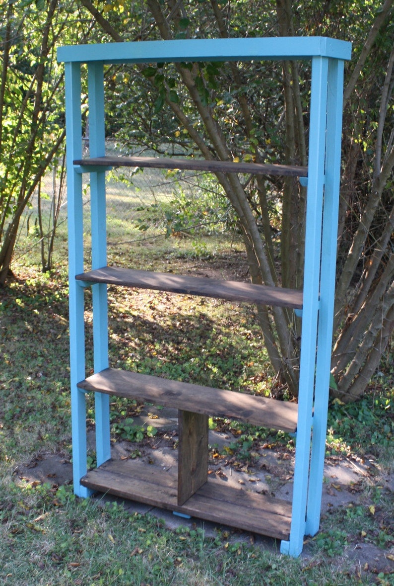 COASTAL LIVING TALL Dark Walnut Stained Mountain Blue Solid Wood Bookshelf Book Shelf Shelving Unit 11x46x80 Custom Sizes Colors Available image 5