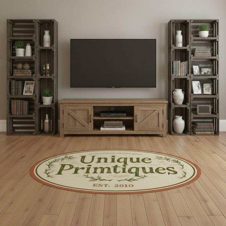 May include: An oval area rug featuring the text Unique Primtiques EST. 2010 in green lettering, surrounded by a decorative vine border. The rug is positioned in front of a wooden media console and two tall wooden shelving units filled with decor.