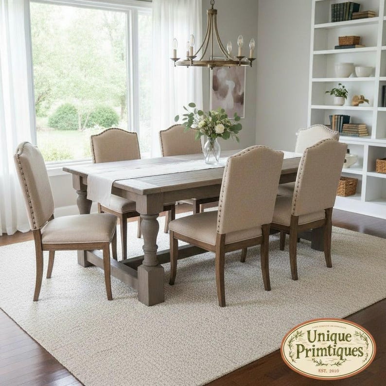 May include: A rectangular wooden dining table with a light gray finish and thick, turned legs, accompanied by six upholstered chairs in a neutral beige fabric with nailhead trim, arranged around the table in a bright, open dining room setting.