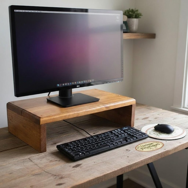 May include: A rectangular wooden monitor stand with a medium brown finish, supporting a black LG computer monitor. The stand features a solid wood construction with visible grain, positioned on a rustic wooden desk with a black keyboard and mouse.