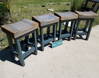 FARMHOUSE BAR STOOLS Four Rustic Farm House Reclaimed Wood Bench Contour Seats 11-1/2x16.5x24h Weathered Gray Cobalt Custom Sizes Colors