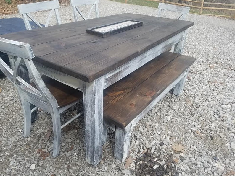 Rustic FARMHOUSE TABLE 6-piece SET Wood Farm House Kitchen Dining ...