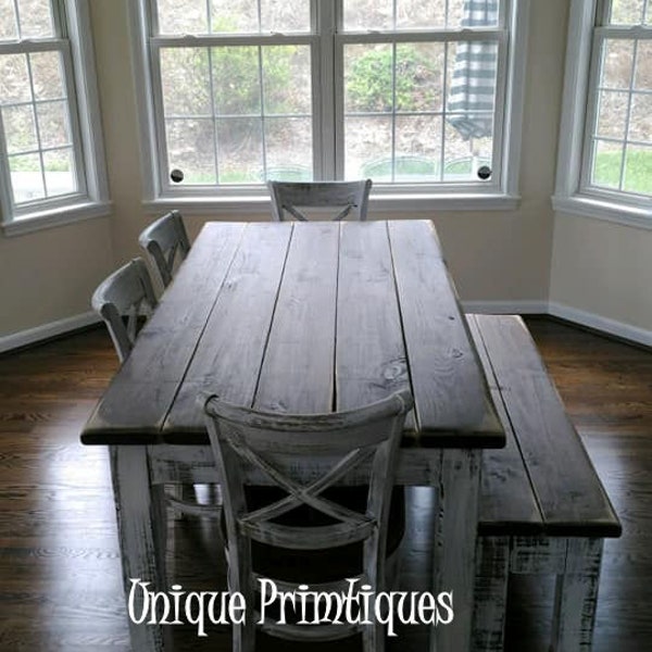 Rustic FARMHOUSE TABLE 6-Piece SET Wood Farm House Kitchen Dining Chairs Bench Table Reclaimed Salvaged Custom Sizes Colors Solid & Sturdy