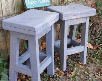 FARMHOUSE BAR STOOLS Two Rustic Farm House Kitchen Stool Primitive Bench Reclaimed Wood Weathered Gray Contour Seats Custom Sizes Colors