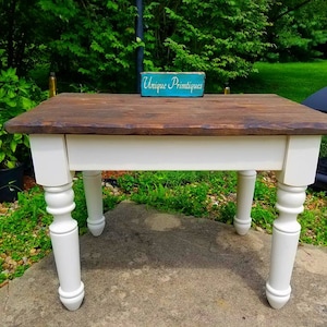 RUSTIC FARMHOUSE TABLE Turned Leg Reclaimed Wood Farm House Kitchen Dark Walnut Country White Cabin Chunky Legs Custom Sizes Colors Unique