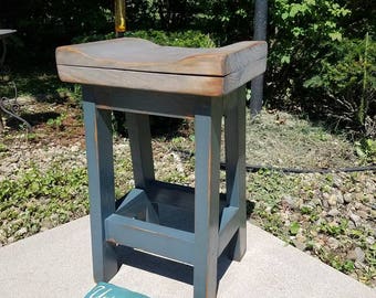 RUSTIC FARMHOUSE BAR Stool Farm House Weathered Gray Cobalt Reclaimed Wood Kitchen Bench Contour Seat 11-1/2w x16.5 deep Custom Sizes Colors