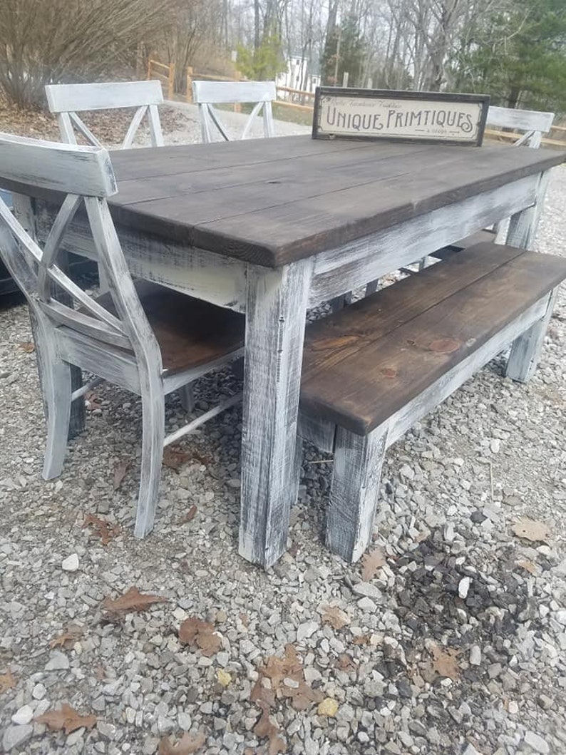 Rustic FARMHOUSE TABLE 6-piece SET Wood Farm House Kitchen Dining ...