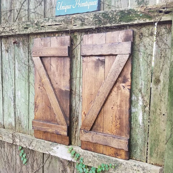 RUSTIC Wood SHUTTERS Dark Walnut Stain Barn "Z" Primitive Reclaimed Wooden 12" x 28"  Wood Shutters Cabin Decor Custom Sizes Colors Unique
