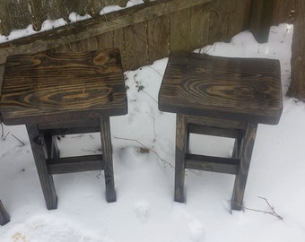 RUSTIC FARMHOUSE STOOLS Two Farm House Kitchen Stool Ebony Primitive Bench Contour Seats Reclaimed Wood 11-1/2x16.5x24h Custom Sizes Colors