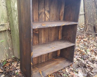 RUSTIC BOOKCASE Book Shelf Reclaimed Wood Primitive Shelving W/ Decorative Back Unique Primtiques Dark Walnut Custom Sizes & Sizes Entryway