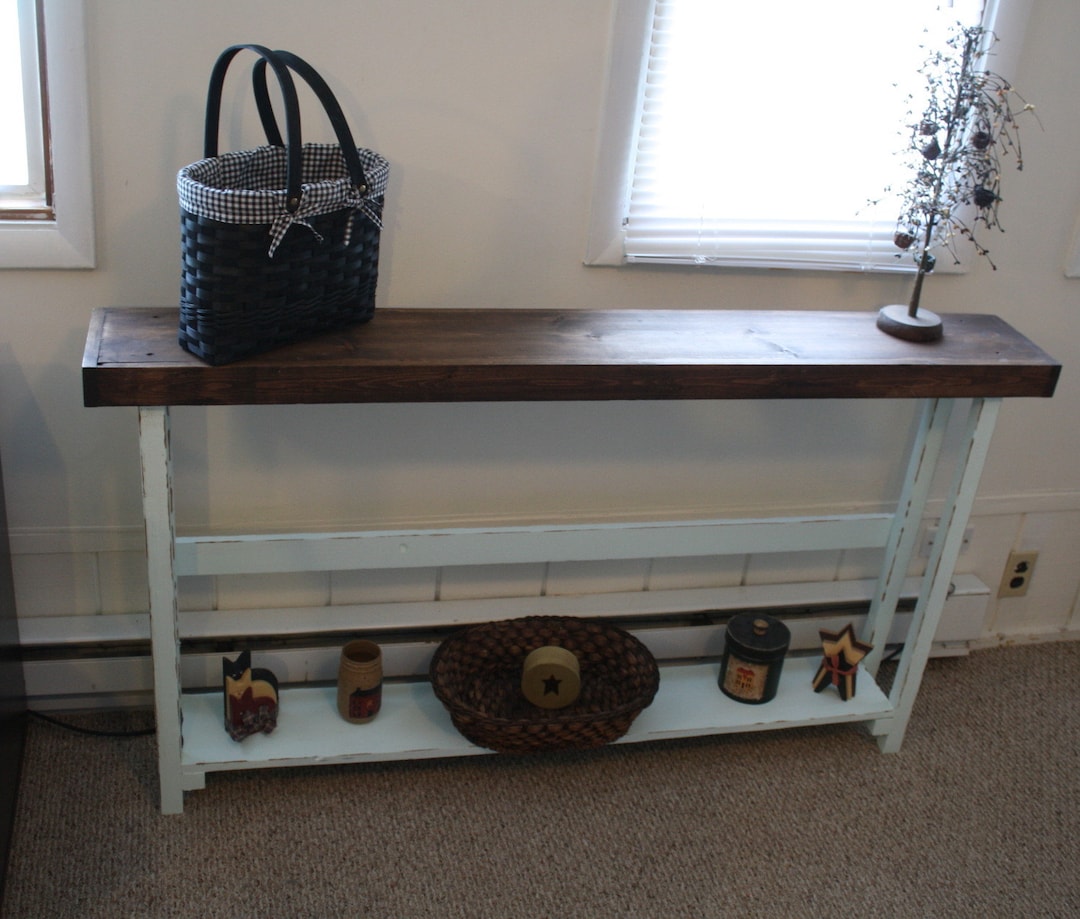 RUSTIC SOFA TABLE Entryway Narrow Long Large Dark Walnut Icy Teal ...