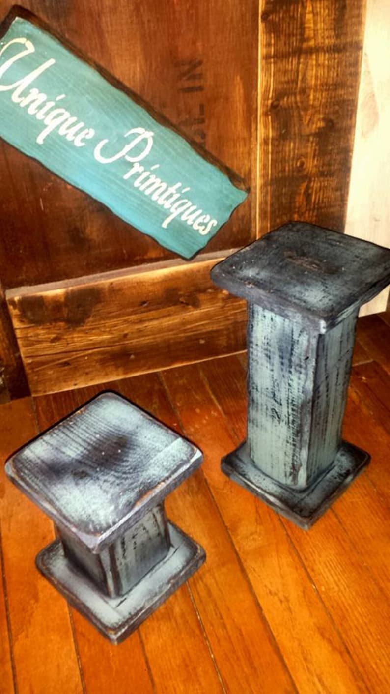 Grungy Pedestal Pillar Candle Holder Primitive Distressed Blue Etsy