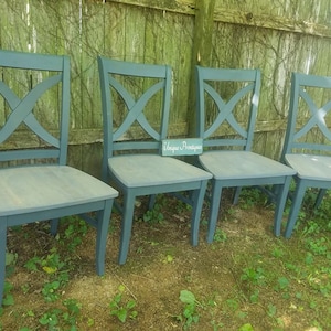 FOUR Beautiful Rustic Wood Malaysian Oak CHAIR Custom Colors Solid Wood X-Back Style Kitchen Dining Room Cobalt Cannon Paint Weathered Gray