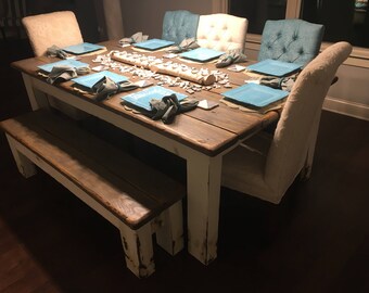 FARMHOUSE TABLE SET Rustic Farm Table Distressed Primitive Country Cabin Kitchen Table W/Matching Bench Custom Sizes Colors Unique