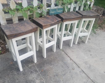 FARMHOUSE BAR STOOLS Lot Of Four Rustic Farm House Kitchen Tall Short Reclaimed Wood Stool Contour Seat Custom Sizes Colors Many Menu Option