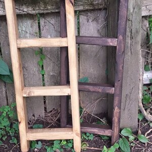 May include: Two wooden ladders, one stained a dark brown and the other left natural, are leaning against a wooden fence. The ladders are made of simple, rustic wood and have four rungs each.