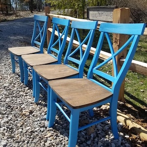 FOUR Beautiful Rustic Wood Malaysian Oak CHAIRS Solid Wood X-Back Style Kitchen Dining Room Seating Custom Colors Solid & Sturdy Unique