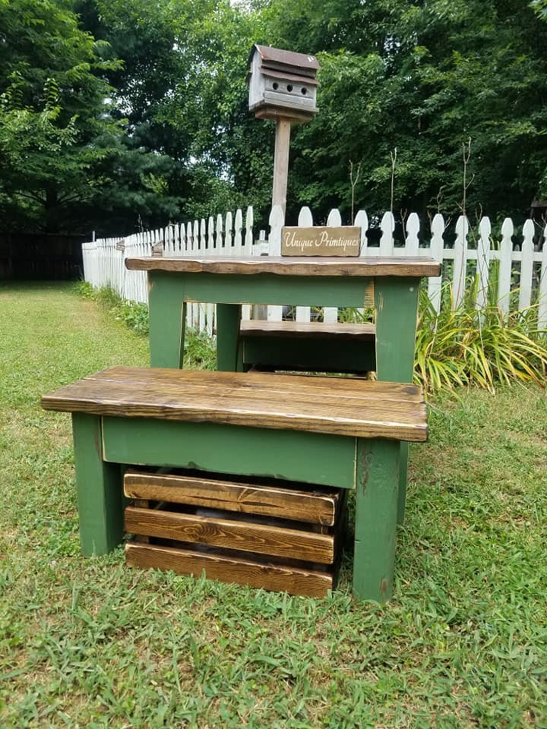 RUSTIC FARMHOUSE TABLE Benches & Wooden Crates 5-piece Set Bench ...