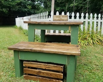 RUSTIC FARMHOUSE TABLE Benches & Wooden Crates 5-Piece Set Bench Distressed Reclaimed Wood Kitchen Island Small Dining Custom Sizes Colors