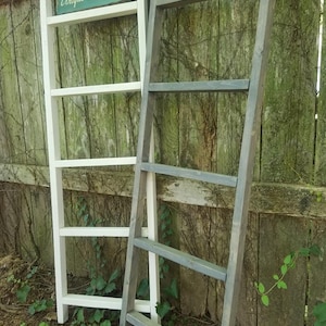 May include: Two wooden ladder shelves, one white and one gray, leaning against a wooden fence. The white ladder shelf has a sign that reads "Unique Printiques".