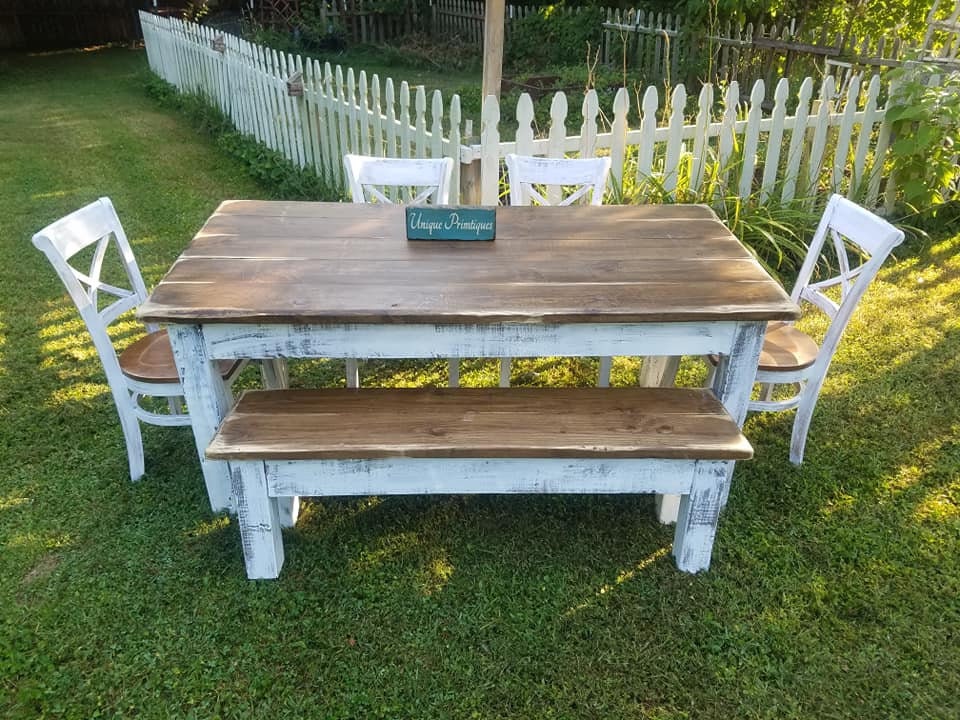Rustic FARMHOUSE TABLE 6-piece SET Wood Farm House Kitchen Dining ...