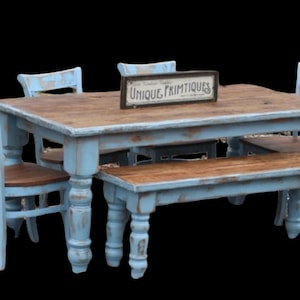 Rustic French Country FARMHOUSE TABLE 6-Piece SET Wood Farm House Kitchen Dining Chairs Bench Table Reclaimed Salvaged Custom Sizes Colors