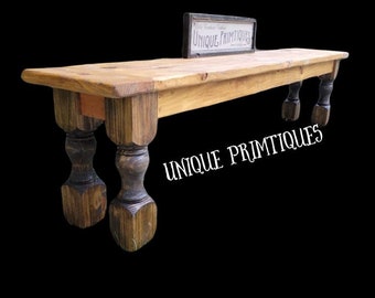RUSTIC FARMHOUSE BENCH New England Farm House Wood Extra Large Long Kitchen Turned Legs Custom Sizes Colors Unique Primtiques Wood Art