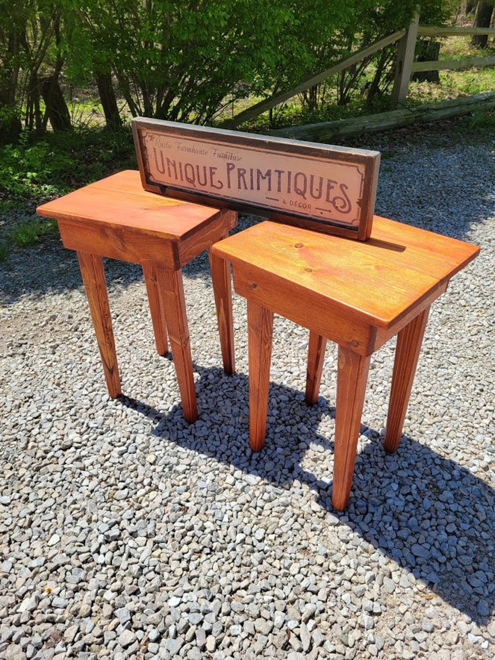 ACCENT TABLES Pair of TWO Wood Gunstock Stained End Corner Entry Table ...