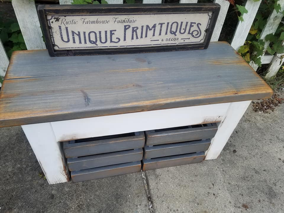 RUSTIC FARMHOUSE BENCH Farm House Mud Room Bench & Two Crates Lot ...