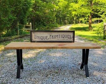 Industrial Bench Mid Century Modern Metal Legs Farmhouse Wood Plank Seat Custom Sizes & Colors Unique Primtiques Woodworking
