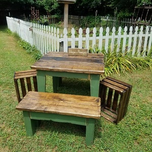 RUSTIC FARMHOUSE TABLE & Two Benches 3-Piece Set Bench Distressed Reclaimed Wood Kitchen Island Small Dining Custom Sizes Colors Unique image 4