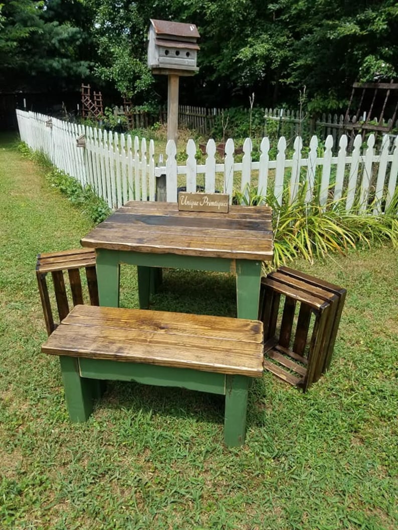 RUSTIC FARMHOUSE TABLE & Two Benches 3-Piece Set Bench Distressed Reclaimed Wood Kitchen Island Small Dining Custom Sizes Colors Unique image 4