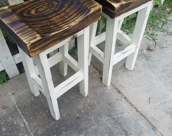 FARMHOUSE BAR STOOLS Lot Of Two Rustic Farm House Kitchen Tall Short Reclaimed Wood Stool Contour Seat Custom Sizes Colors Many Menu Options