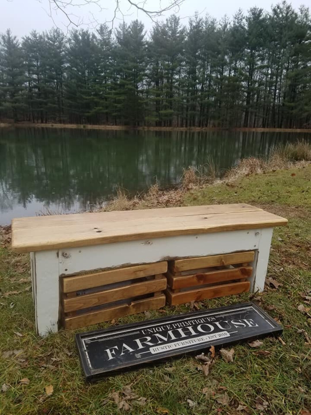 Rustic FARMHOUSE BENCH W/ Two Matching Wooden Crates - Etsy