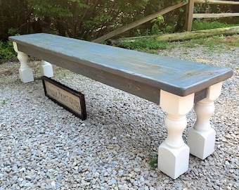 RUSTIC FARMHOUSE BENCH New England Farm House Wood Extra Large Long Kitchen Turned Legs Custom Sizes Colors Unique Primtiques Wood Art