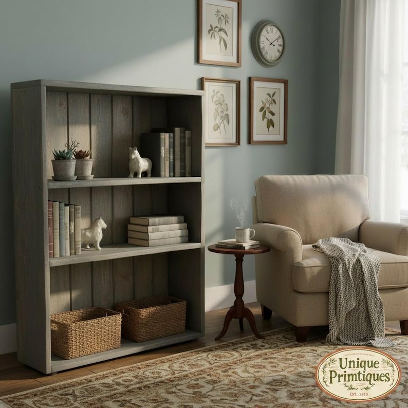 May include: A tall, gray wooden bookcase with three shelves, featuring vertical plank backing. The shelves hold potted plants, books, two small horse figurines, and two woven baskets. Beside the bookcase sits a beige armchair and a small round table.