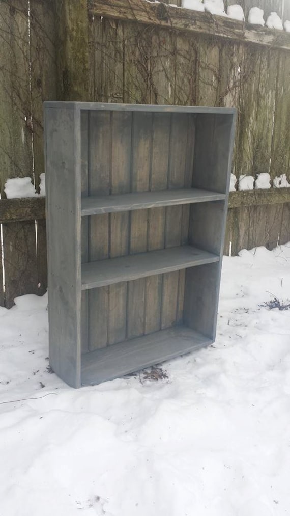 RUSTIC BOOKCASE Book Shelf Shelving Reclaimed Weathered Gray Barn Look Wood 8x25x35h Custom Sizes Colors Unique Entryway Entry Storage
