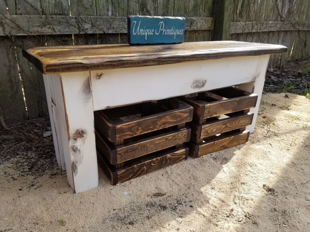 RUSTIC FARMHOUSE BENCH & Two Wood Crates Lot Dark Walnut Country White ...