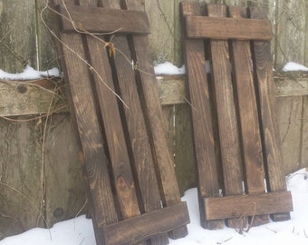 RUSTIC WOOD SHUTTERS Farmhouse Indoor Outdoor Window 12x28&quot; h Dark Walnut Wooden Shutters Home Wall Decor Custom Colors Sizes Unique