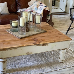 FARMHOUSE COFFEE TABLE W Turned Legs Solid Rustic Reclaimed Salvaged Wood Custom Sizes Colors By Unique Primtiques Built Tough In USa