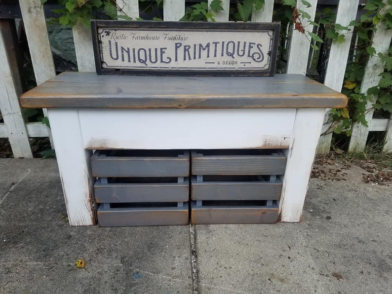 RUSTIC FARMHOUSE BENCH Farm House Mud Room Bench & Two Crates Lot ...