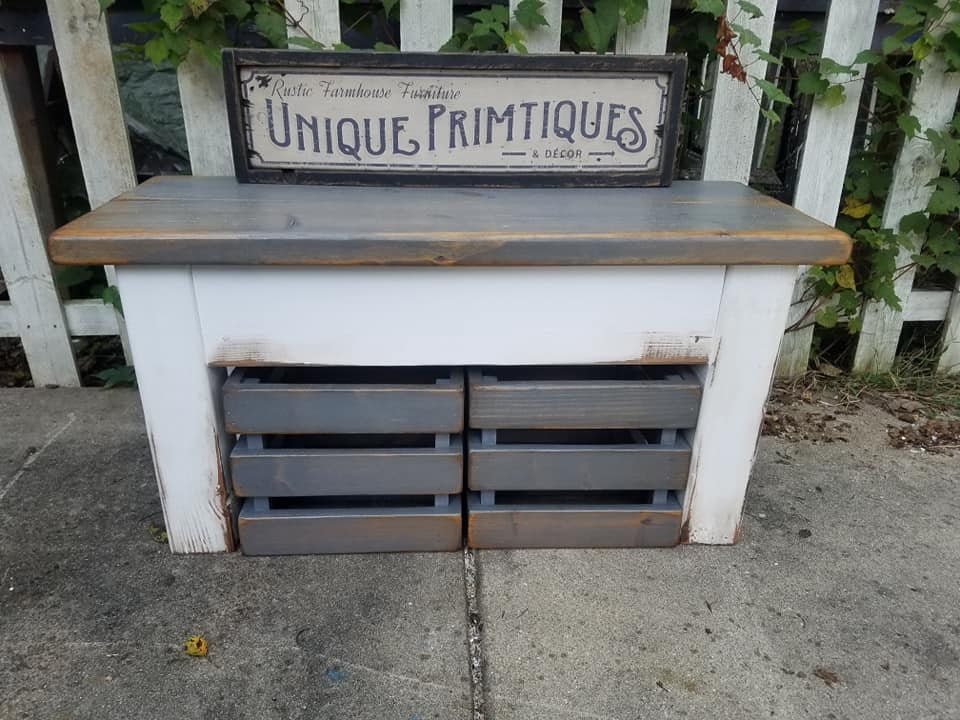 RUSTIC FARMHOUSE BENCH Farm House Mud Room Bench & Two Crates Lot ...