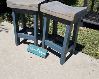 FARMHOUSE BAR STOOLS Two Rustic Farm House Stool Contour Seat 11-1/2x16.5wide Reclaimed Wood Bench Weathered Gray Cobalt Custom Sizes Colors