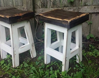 RUSTIC FARMHOUSE BAR Stools Dark Walnut White Primitive Bench Set Of Two Stool Contour Seats 11-1/2 deep x16.5 wide Custom Sizes Colors