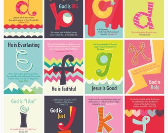 ABC Scripture Cards, ABC's of God Scripture Art, Christian Kids Set of 26 Art Prints (5x7)