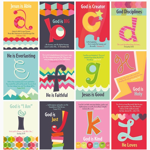 ABC Scripture Cards, ABC's of God Scripture Art, Christian Kids Set of 26 Art Prints (5x7)