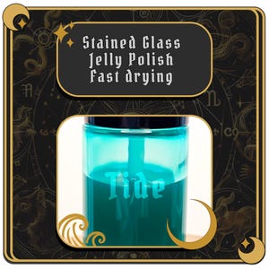May include: A teal blue bottle of nail polish with a black lid and the word "Tide" printed on the front. The bottle is labeled "Stained Glass Jelly Polish Fast Drying".