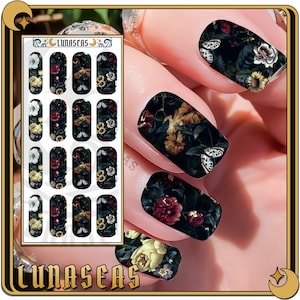 Dark Cottagecore Floral Nail wraps - Flower nail tattoos | nail art | Floral Nail Decals dark academia