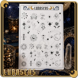 May include: A white rectangular sheet featuring a collection of black ink illustrations including celestial bodies, moons, suns, stars, hands, snakes, and eyes. The top of the sheet displays the text LUNASEAS in a bold, stylized black font.